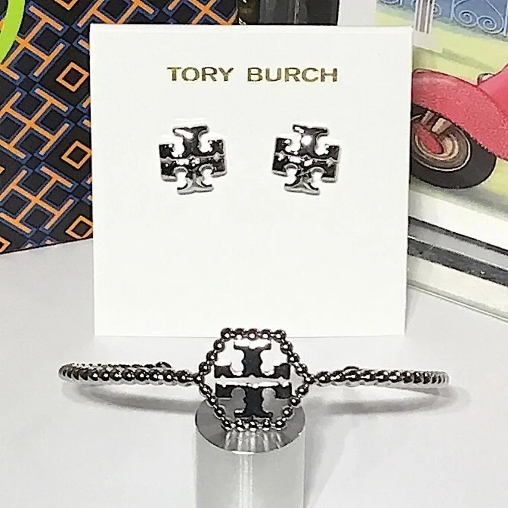 TORY BURCH SILVER SET EARRINGS AND BRACELET